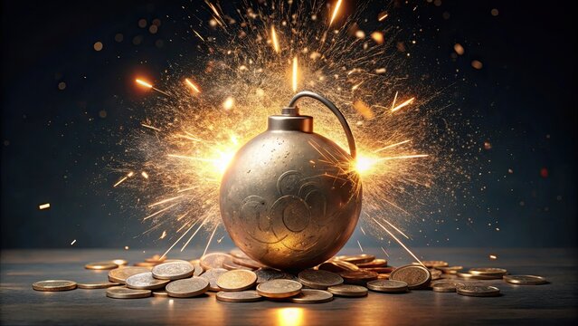 Euro bomb with lit fuse and coins scattered around, euro, bomb, explosion, money, finance, currency, financial crisis, danger