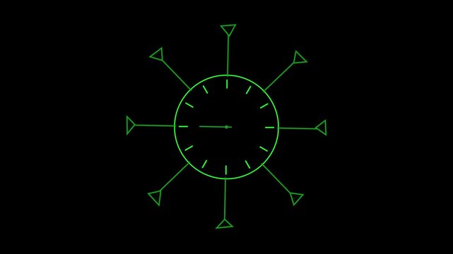 clock icon with moving arrows ,rooted 12 hour in the circle . on the black background .