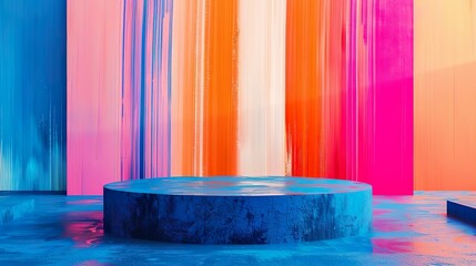 A blue empty pedestal, platform with bright, vibrant colors, colorful stripes background for product display and presentation