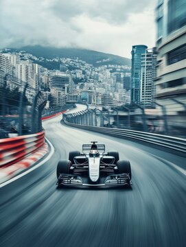 Sleek Formula 1 car racing through an urban track with mountainous cityscape backdrop, high-speed precision