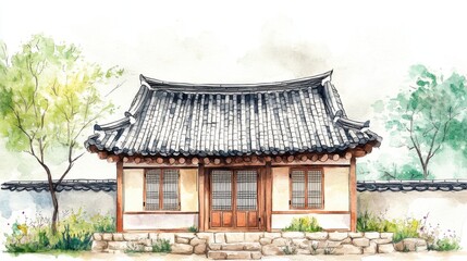 pen drawing and water color painting, an illustration of a Korean traditional house, The design is simple with a Korean new year vibe and cute style in the flat design