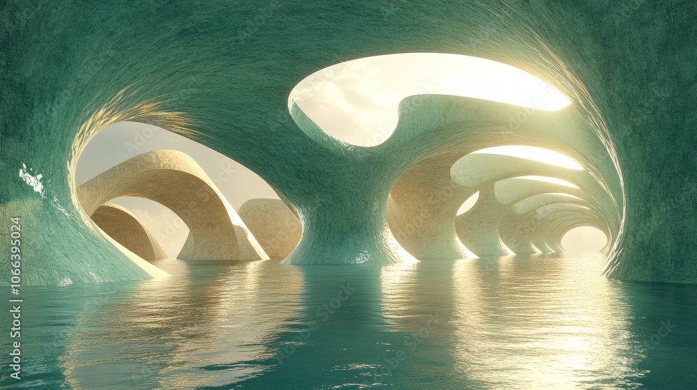 Poster surreal underwater architecture futuristic design calm waters abstract shapes
