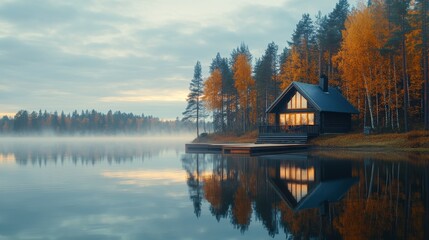 Fototapeta premium Serene Autumn Lake Cabin Retreat Misty Morning Reflection