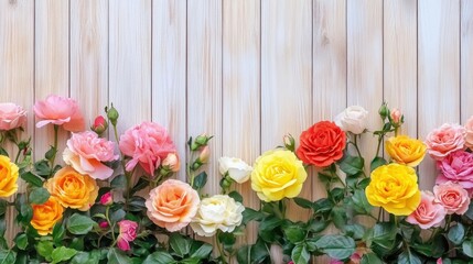Vibrant Roses Against Wooden Background