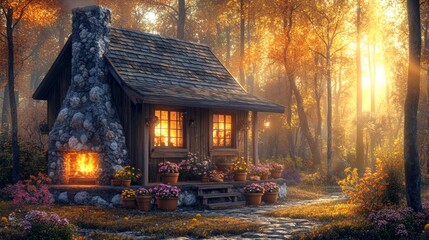 Cozy Autumn Cabin in Sunlit Forest Fireplace Flowers