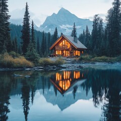 Fototapeta premium Mountain Lake Cabin Reflection Peaceful Nature Escape