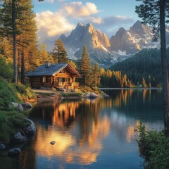 Fototapeta premium Serene Mountain Cabin Lake Sunset Reflection Landscape