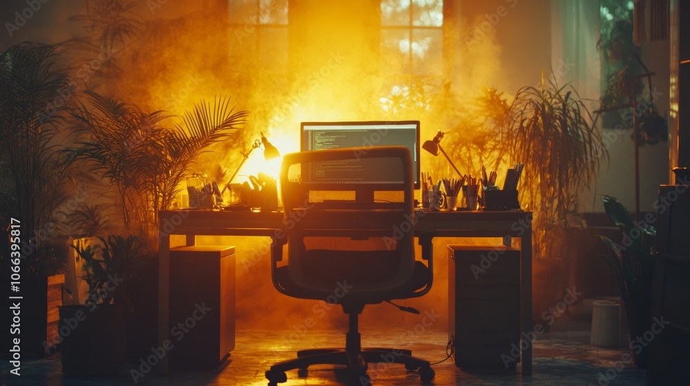 Aufkleber night office workspace programmer coding plants warm light