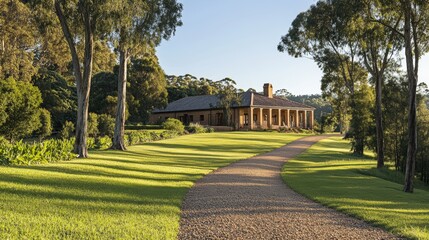 Fototapeta premium Serene Country Estate Brick House Green Lawn Tree Lined Path