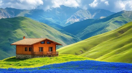 Obraz premium Mountain Cabin Spring Landscape Blue Flowers Green Hills