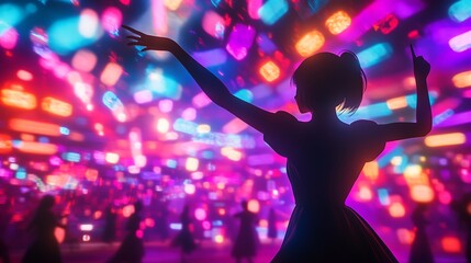 A woman in silhouette dances with her arms raised, surrounded by colorful lights and other dancing figures in the background.