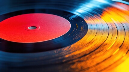 A close-up of a vinyl record. It's black with a red center and swirling colors.