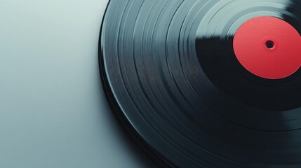 A black vinyl record with a red center, resting on a light gray surface.