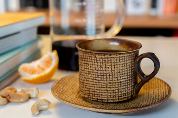 coffee break before bookshelf
