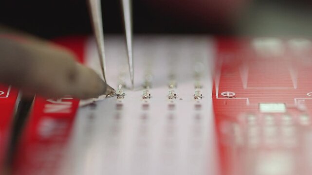 Close-up showing careful placement of components on a circuit board before soldering, using tweezers for accuracy.