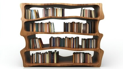A wooden bookcase with wavy shelves, filled with many books.
