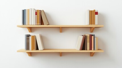 Two wooden shelves hold books.