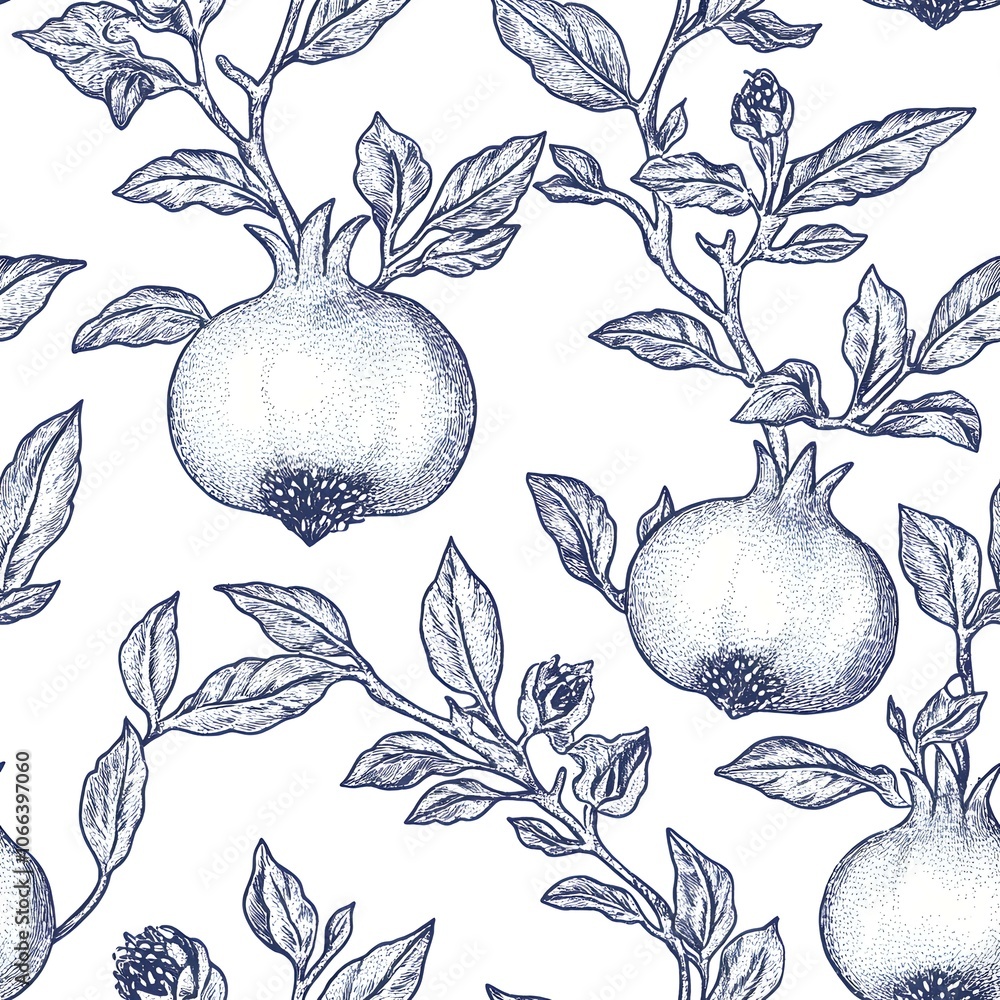 Poster a seamless pattern of blue ink pomegranates and leaves. the intricate detail makes the pattern visua