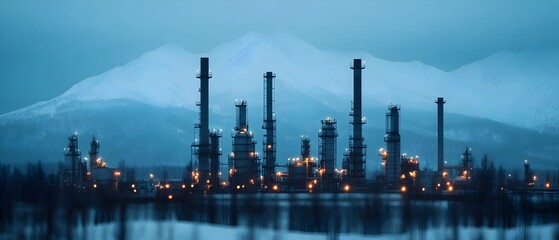 Naklejka premium Dramatic industrial refinery lights casting a glow against the dark looming mountainous backdrop on a cold winter night Double exposure effect creates a moody atmospheric scene