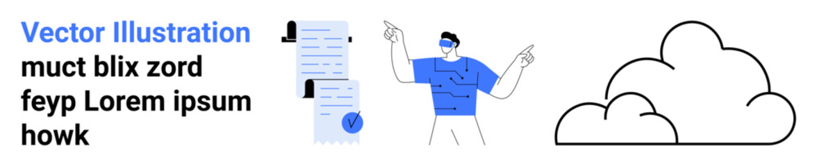 Vector graphic featuring a man in blue gesturing, two documents with a seal, and a cloud outline. Ideal for presentations, infographics, marketing materials, websites, blogs, e-learning, and social