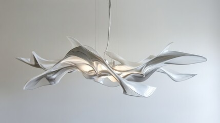 A white, light-catching, abstract chandelier with flowing, sculpted forms.