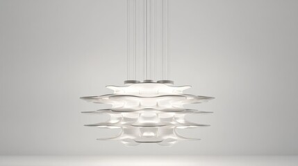 A white, round, layered pendant light hangs from the ceiling.