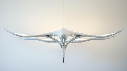 A shiny, light-gray, hanging sculpture with curved, wing-like forms.