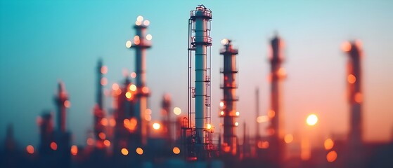 Obraz premium Captivating silhouette of a gas processing plant against a backdrop of illuminating night lights and a clear sky creating a striking contrast and an abstract industrial landscape