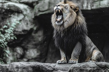 Obraz premium Majestic Roaring Lion on Rock Wild Animal Nature Photography