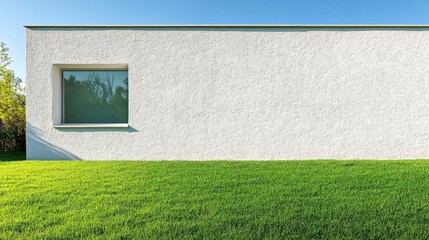 sunny backyard photograph of a clean modern stucco house wall, grassy yard 