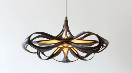 A dark-gray, ornate, hanging light fixture with curved, flowing lines. Light shines from within.