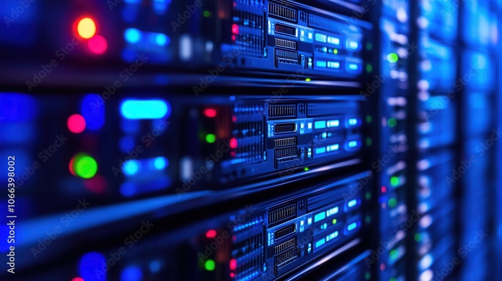 Poster close-up of illuminated server racks in a data center, showcasing modern technology infrastructure a