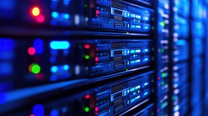 Close-up of illuminated server racks in a data center, showcasing modern technology infrastructure and digital information storage.