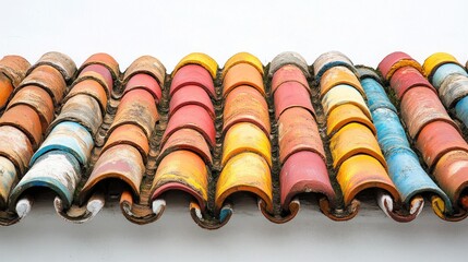 Colorful, curved roof tiles in various shades of red, orange, yellow, and brown, arranged in rows against a white wall.