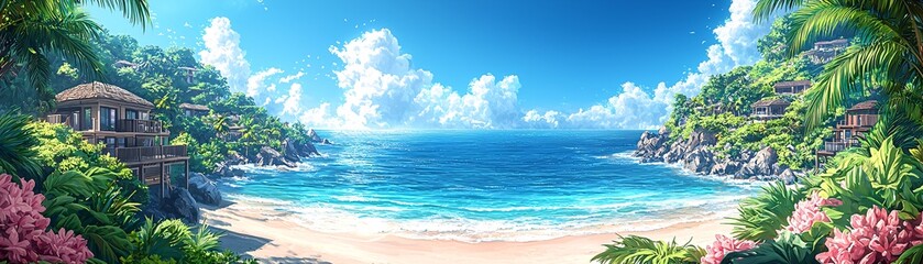 Obraz premium Tropical Beach Paradise with Lush Greenery and Crystal Clear Water