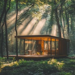Fototapeta premium Modern Glass Cabin in Sunlit Forest Peaceful Nature Escape