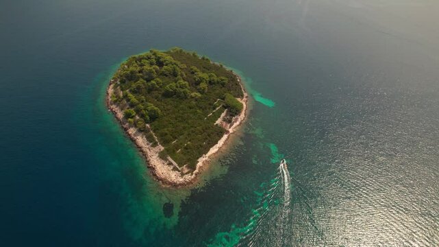 Aerial View Of Uvala Otočić Mala Kneža In Rači&scaron;će, Croatia - Drone Shot
