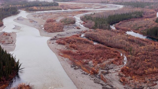 Engineer Creek In The Ogilvie River Along Dempster Highway In The Yukon Territory, Canada. Aerial Drone Shot