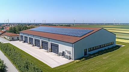 Obraz premium Modern industrial building with solar panels on the roof and wind turbines in the background.