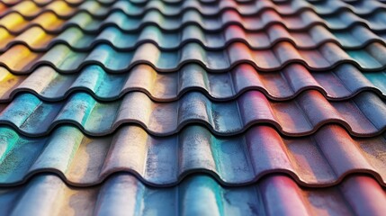 Colorful, wavy roof tiles in shades of rainbow colors.