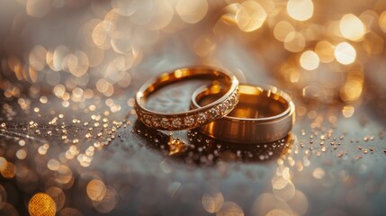 Two gold wedding rings, one with diamonds, sit on a dark surface with golden bokeh.
