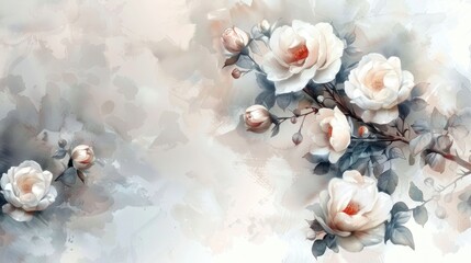 A soft, watercolor-style image of several white roses and buds on a light gray background.