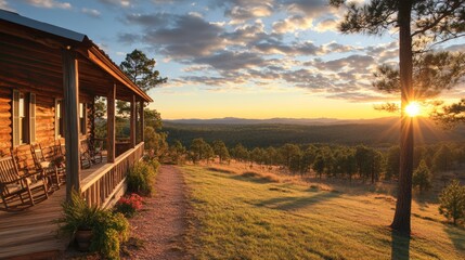 Fototapeta premium Scenic Log Cabin Sunset Hilltop Home Countryside View