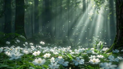 A sunlit forest floor covered in white flowers, with sunlight beams shining through the trees.