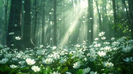 A bright, lush forest floor covered in white flowers, sunlight filtering through the trees.
