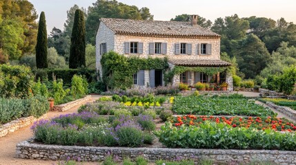 Stone Farmhouse Idyllic Garden Summer Flowers Vegetables Countryside Landscape