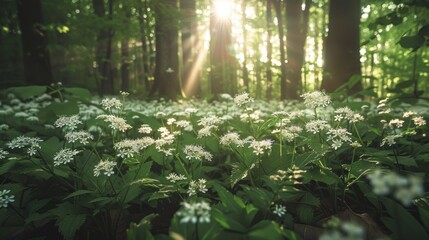 Sunlight streams through a forest, illuminating a ground covered in small white flowers and greenery.