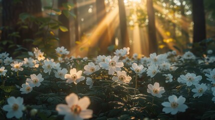 Sunlight streams through a forest, illuminating a field of white flowers.