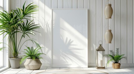 A white room with plants, a blank frame, and hanging lamps. Sunlight casts shadows.