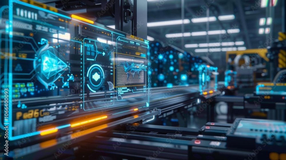 Poster futuristic robotic arms are assembling products on a production line with holographic displays showi